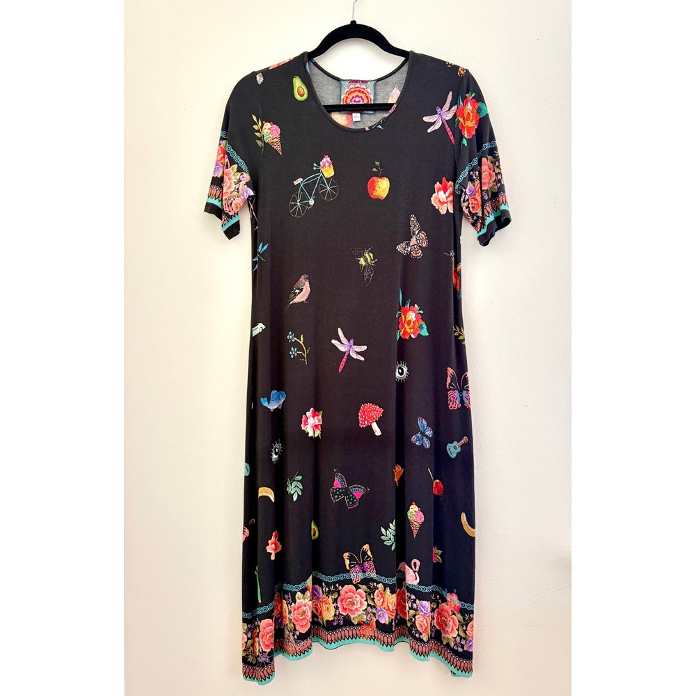 Johnny Was Size S Black Novelty Print Midi T-Shirt Dress Floral Whimsical Boho